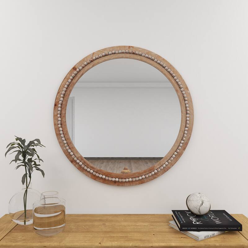 Contemporary Wood Distressed Wall Mirror with Beaded Detailing - Brown or White