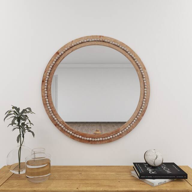 Natural Brown Wood Bohemian Rustic Wall Mirror with Bead Detail Collection - 36 x 2 x 36 - Light Brown - Round Medium