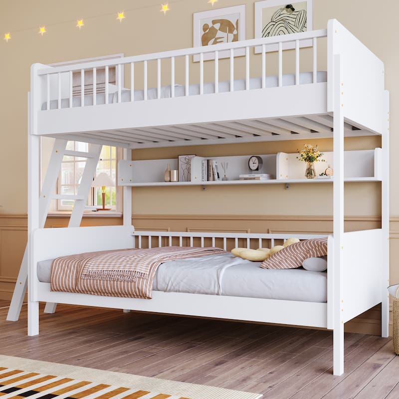 Twin Over Twin Wood Bunk Bed with 3 Storage Shelves, Reversible Ladder