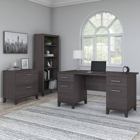Somerset 60W Office Desk with Cabinet and 5 Shelf Bookcase in Ash Gray