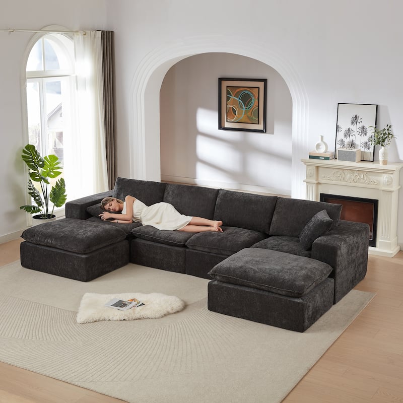 U-Shaped Sectional Sofa with 2 Ottomans, Oversized Chenille Upholstered Cloud Sofa, Deep Seat Sofa with Pillows - Black