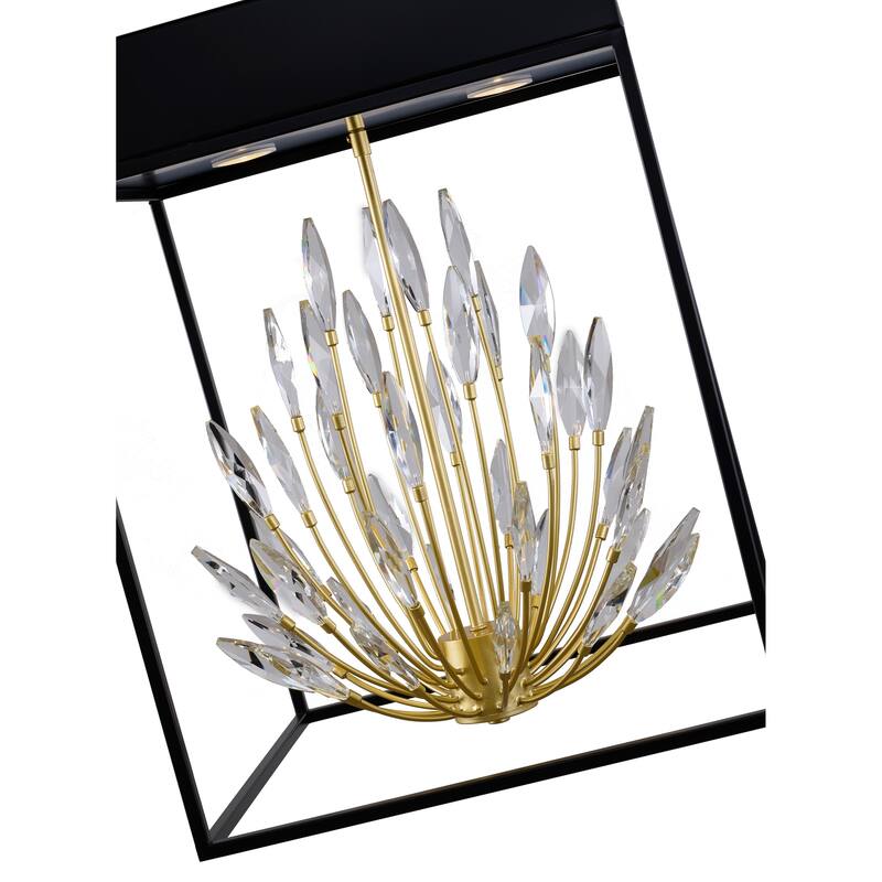 4-Light Matte Black Pendant With Gold Branches And Clear Crystals