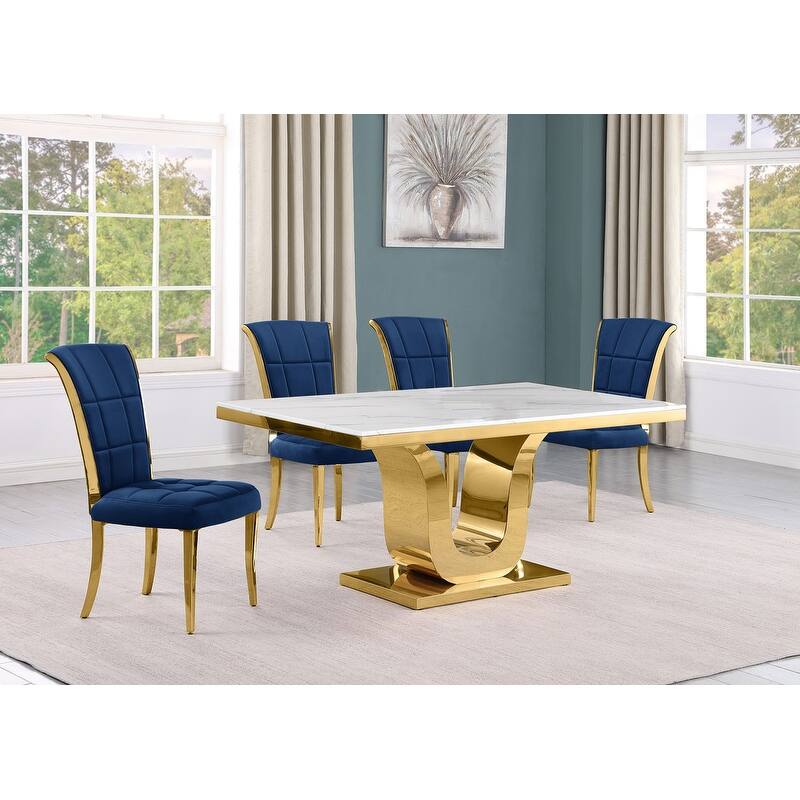 Best Quality Furniture D320-SC324-7 Dining Set with 66" White Marble Top - 5-Piece - Navy Blue / Gold