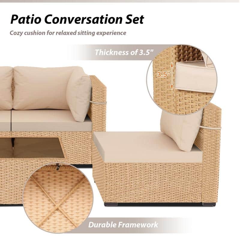 Patio Watcher 5-Pieces Yellow Rattan Conversation Set with Cusions for Outdoors