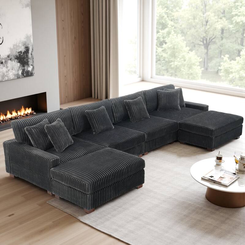 Modular Cotton Flannel Plush Sectional Sofa with Ottomans