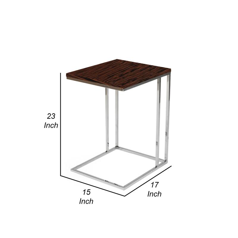 Zen 23 Inch Side Table, Rectangular Tray Top, C Shape Chrome, Ebony Brown
