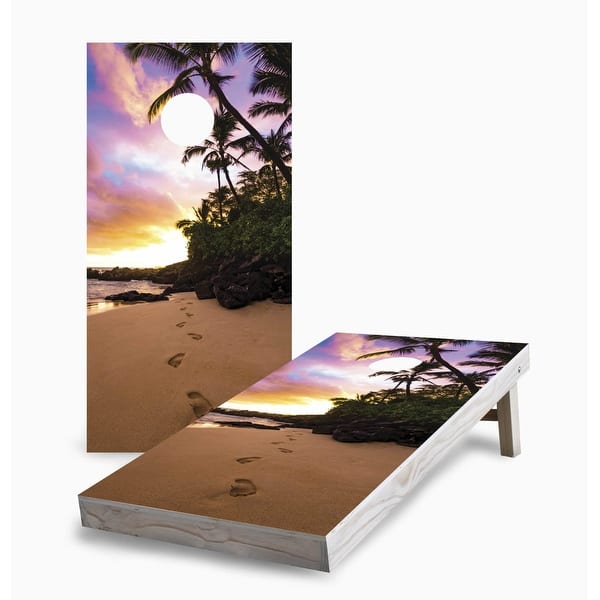 slide 2 of 7, Sunset Footprints on the Beach Cornhole Game (Choose Wraps or Boards) 2x4 Boards (24" x 48") - Include ALL Accessories