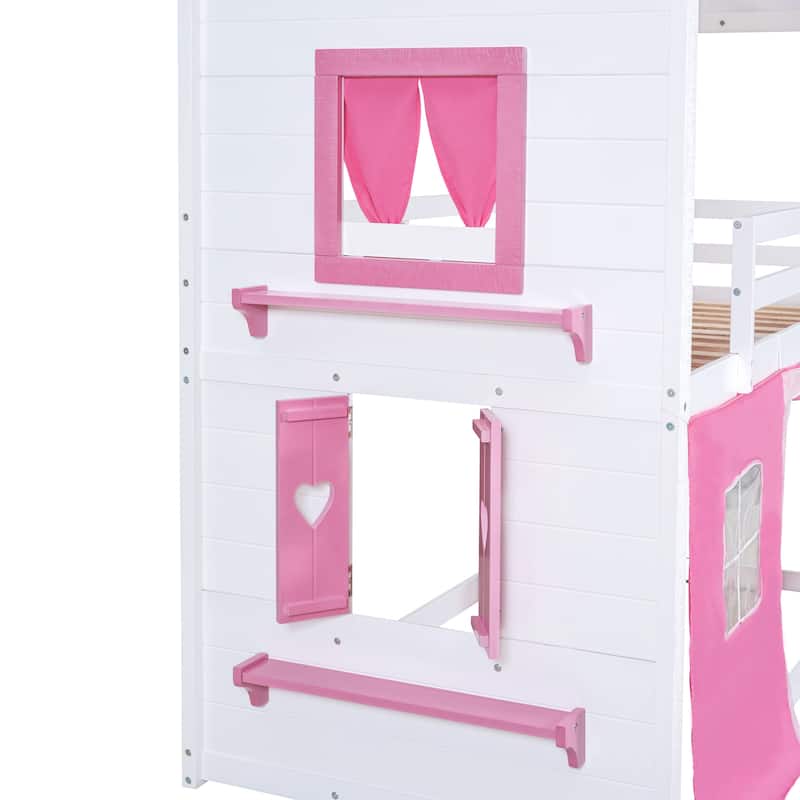 Pink+White Wood Castle House Bunk Bed with Windows, Sills, Tent, and Slide, Playhouse Design
