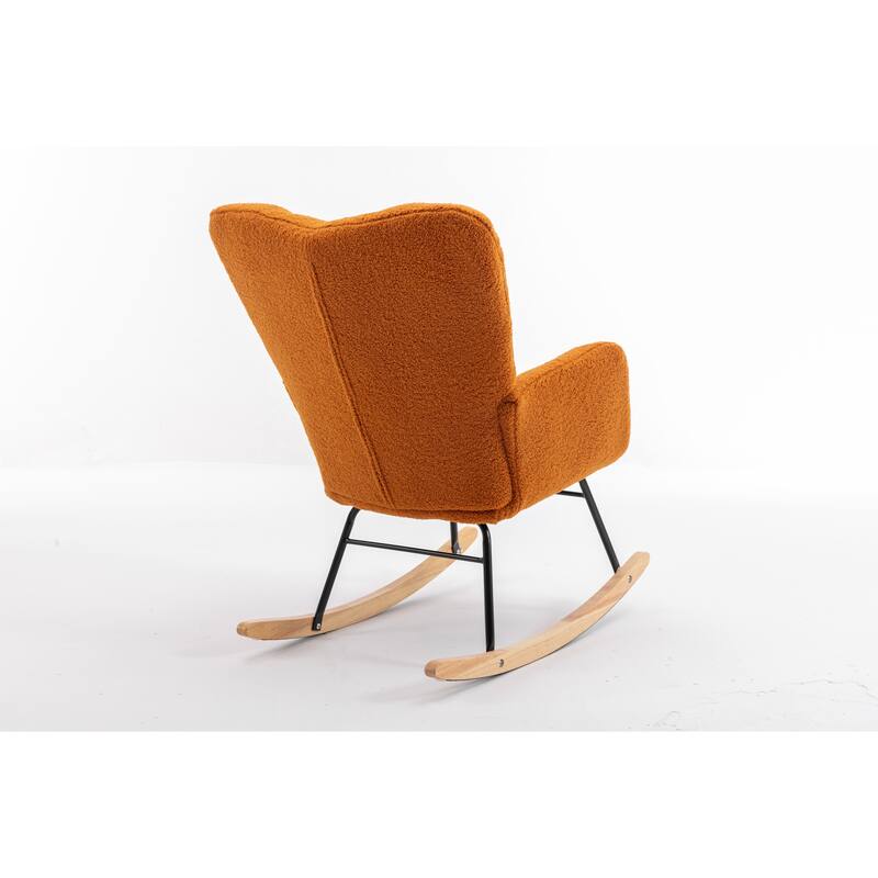 Teddy Fabric Upholstered Glider Rocker, Reading Chair with Thick Padded Seat, High Backrest Armchair with Wooden Legs