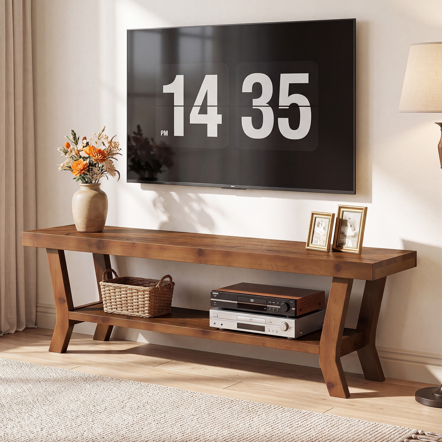 Solid Wood TV Stand for 60 Inch TVs, 55" Entertainment Center with Storage Shelf, TV Console for Living Room