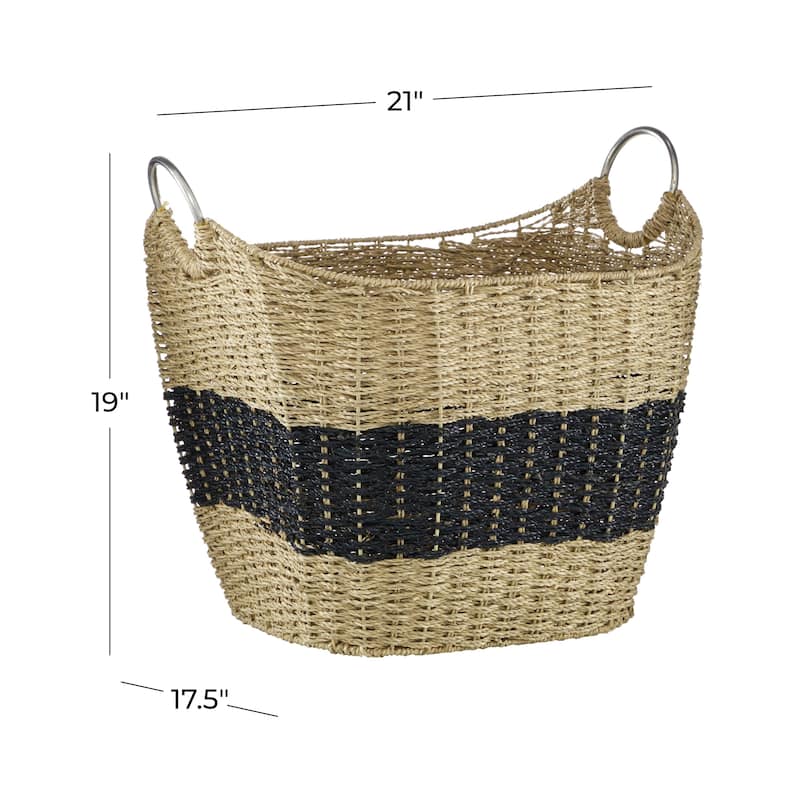Seagrass Handmade Two Toned Decorative and Functional Storage Basket with Metal Handles - Brown - Roche River Decor