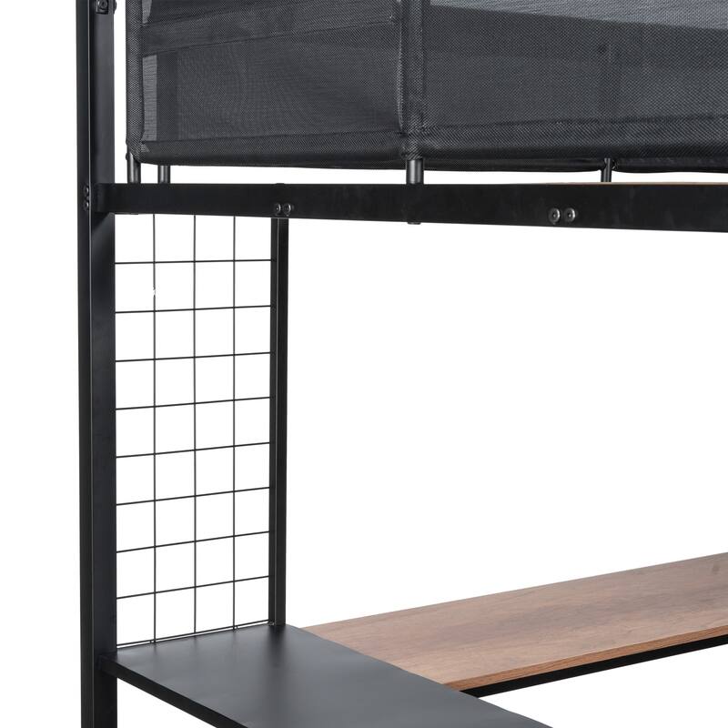 Metal Full Size Loft Bed with Built-in Desk & 2-tier Storage Shelves