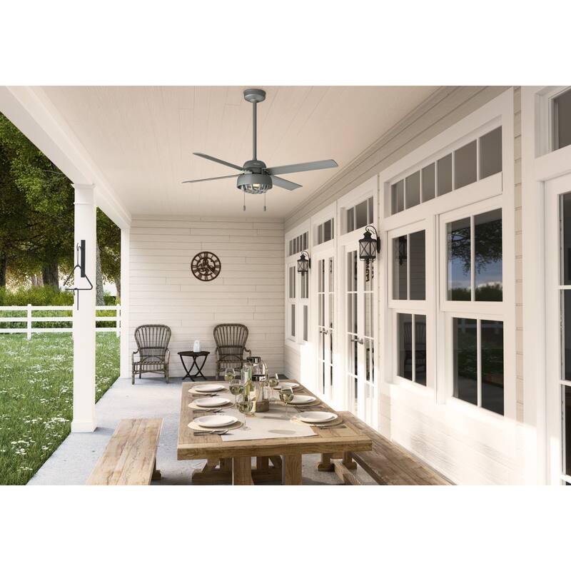 Hunter 52" Spring Mill Outdoor Ceiling Fan w/ LED Light and Pull Chain, Damp-Rated - Industrial, Transitional, Caged