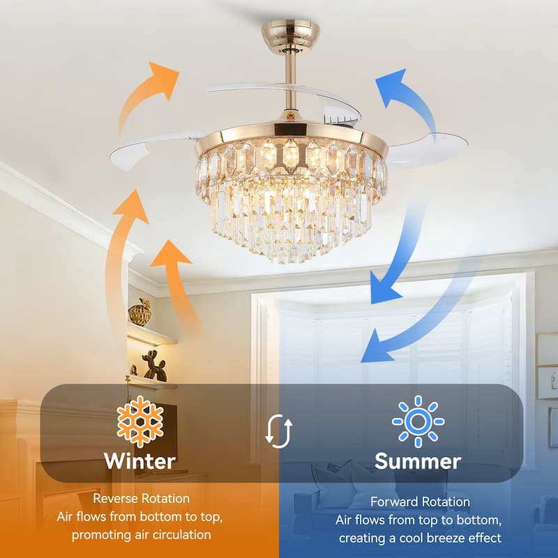48" Crystal Fandelier Ceiling Fan with Light and Retractable Blades LED Dimmable for Bedroom Living Room - 48 Inches
