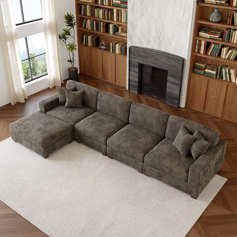 Oversized Chenille Modular Sectional Sofa Living Room Set with Ottoman - Camel/5 Piece