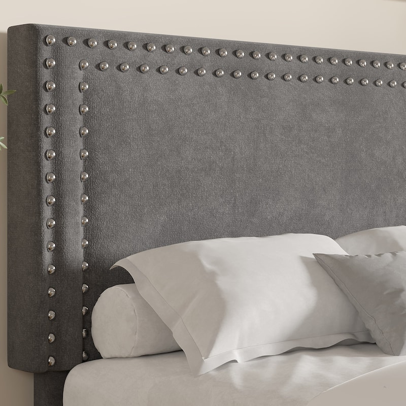 Upholstered Platform Bed Frame with Adjustable Headboard Velvet Nailhead Trim No Box Spring Needed