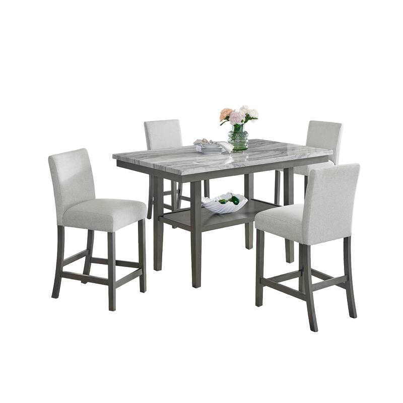 Selena 5-Piece 60" Rectangular Gray Faux Marble Counter Height Dining Set with Storage Shelf & Light Gray Upholstered Chairs