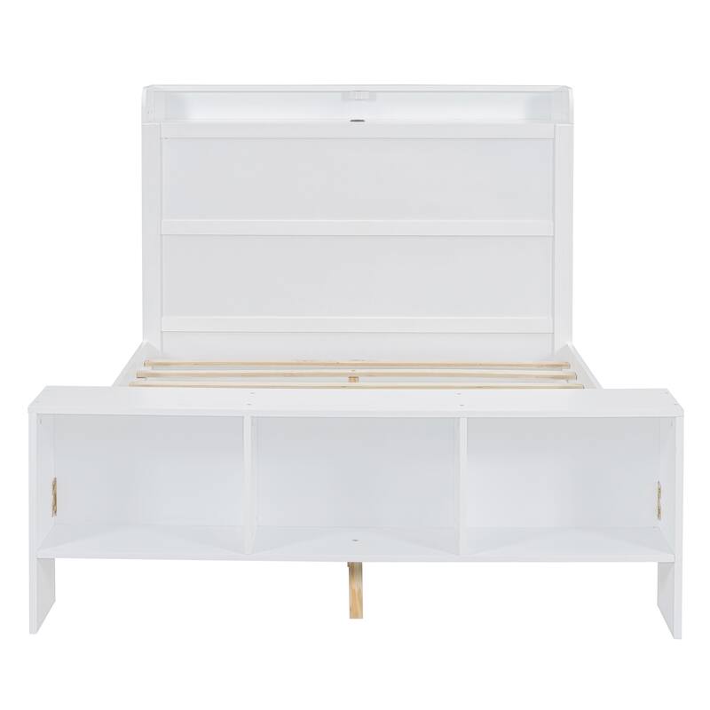 HomeRoots White Wood Full Bed Frame With LED Lighting And USB