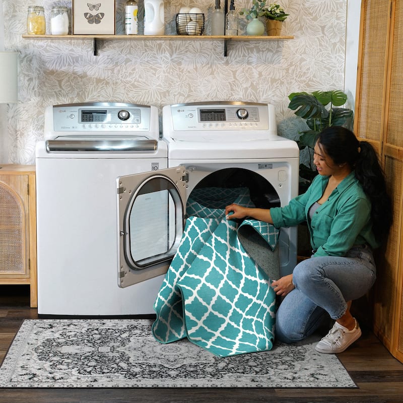 My Magic Carpet Machine Washable Area Rug Moroccan Trellis Teal