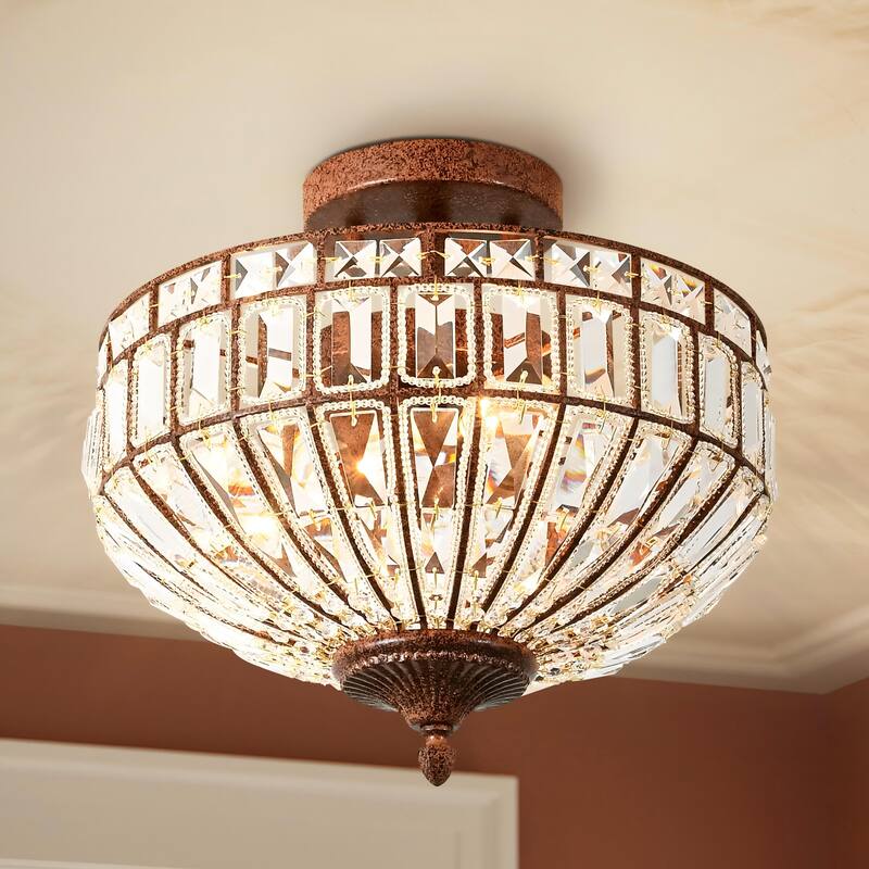 15.6" 3-Light Retro Rust-Colored Bowl Shaped Faceted Clear Crystal Semi-Flush Mount Ceiling Light for Bedroom, Kitchen - Brown/Clear - 15.6 in. W x 10.2 in. H x 15.6 in. D