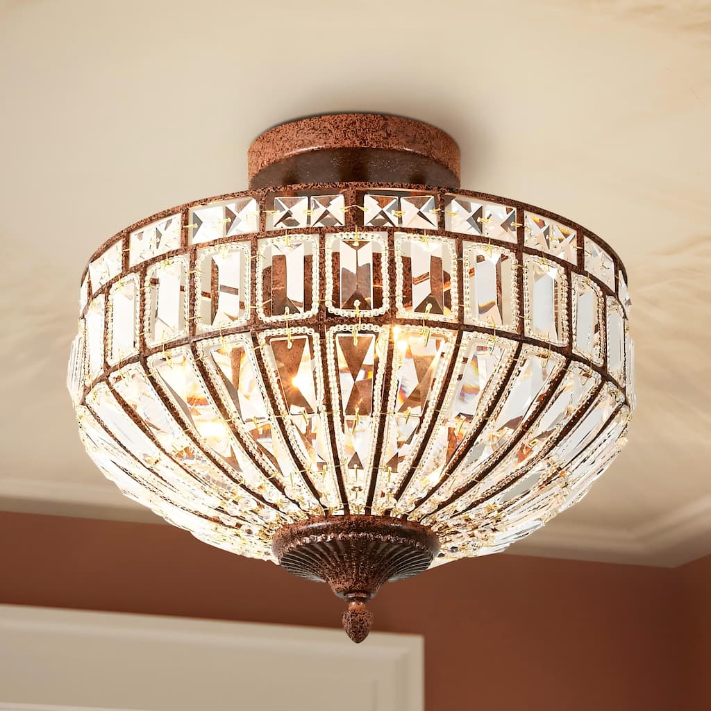 15.6" 3-Light Retro Rust-Colored Bowl Shaped Faceted Clear Crystal Semi-Flush Mount Ceiling Light for Bedroom, Kitchen