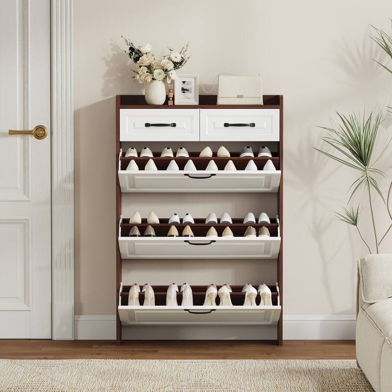 Wooden Shoe Storage Cabinet, Freestanding Shoe Rack Cabinet, Slim Narrow Shoe Cabinet with 3 Flip Drawers & 2 Storage Drawers
