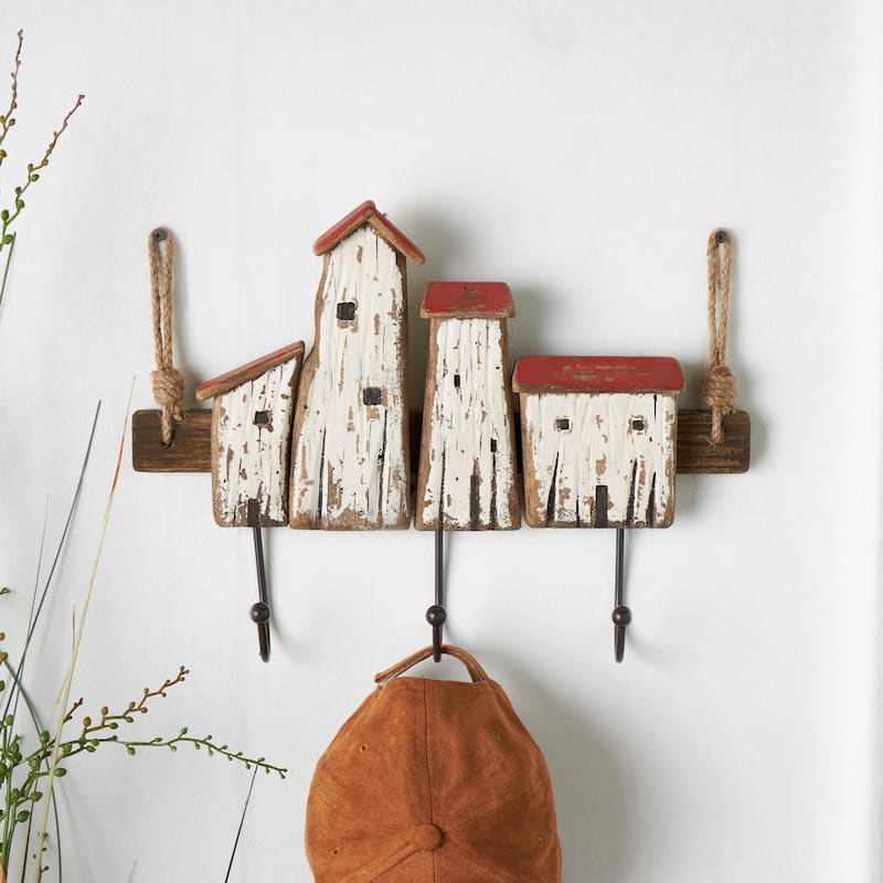 Wood Handmade Distressed House 3 Hanger Wall Hook with Red Roof Accents and Hanging Rope - Cream - Roche River Decor