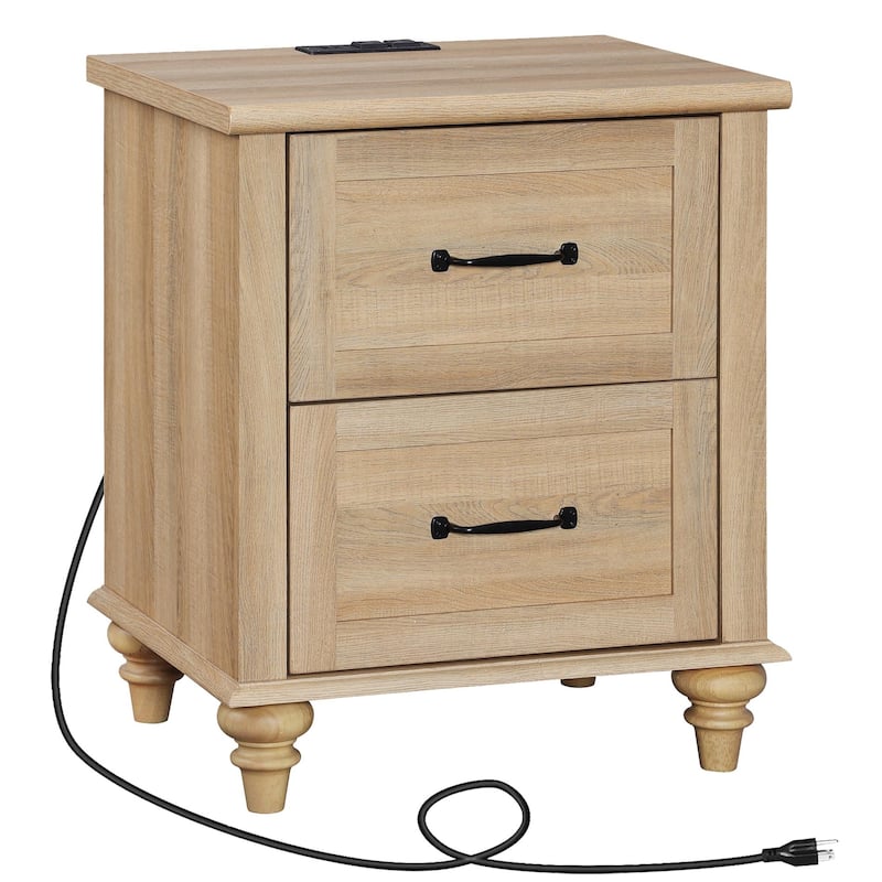 Mid Century End Table Nightstands with Charging Station & Drawer - 1 Piece - Antique Oak