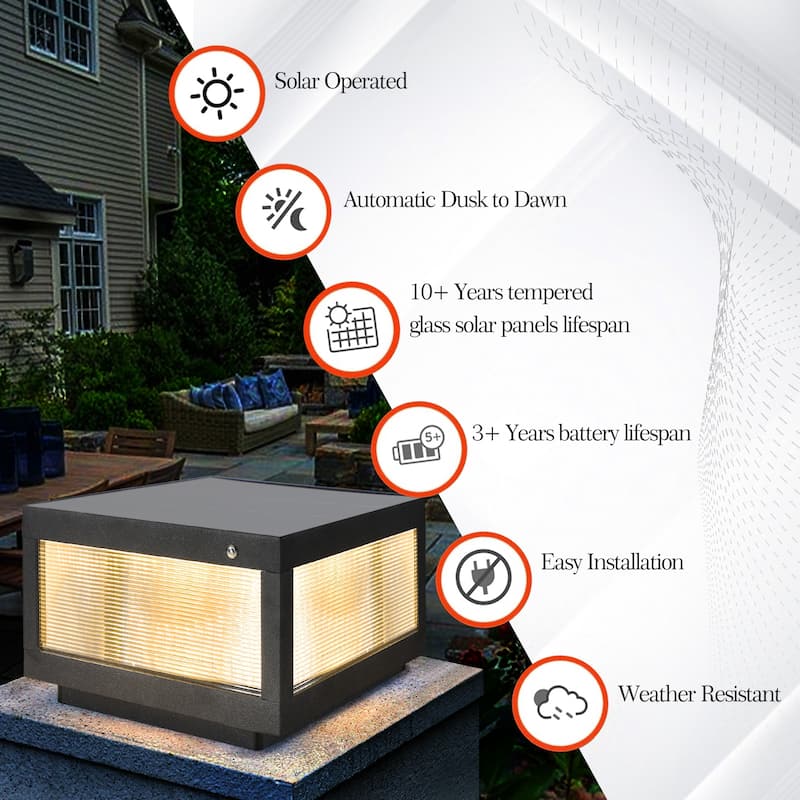 2-Pack Modern Solar LED Post Cap Lights - 2" Black Outdoor Fence Lights for Pathways, Decks & Patios - 12"