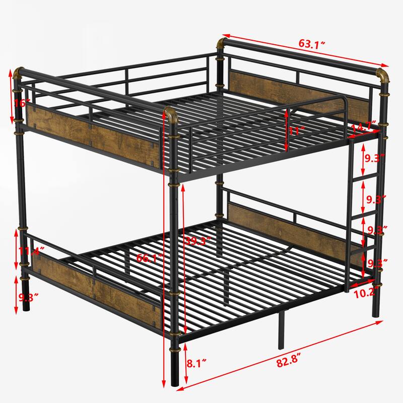 Queen over Queen Metal Bunk Bed, Industrial Detachable Bunkbeds with Safety Guard Rails for Teens, Black