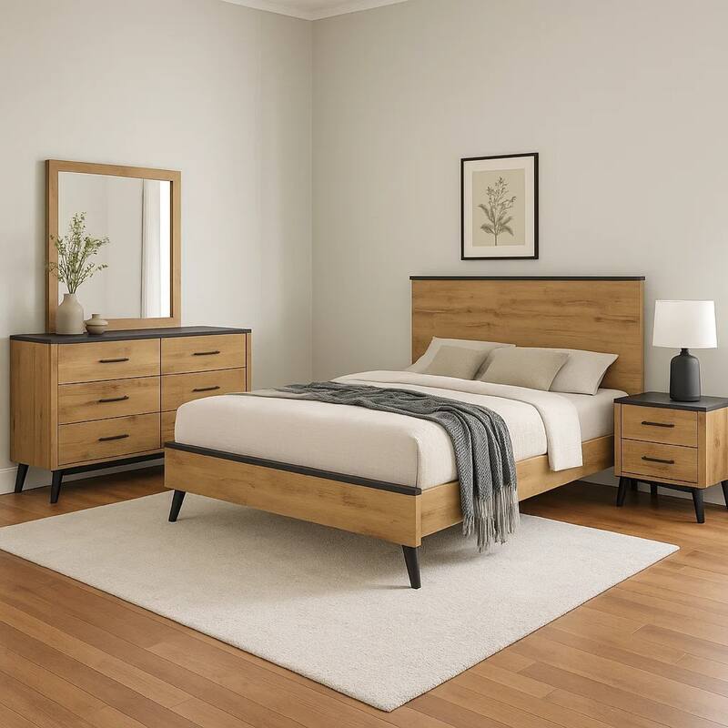 Wemy 4 Piece Queen Size Bed Set, Rustic Brown Pine Wood, Tapered Legs