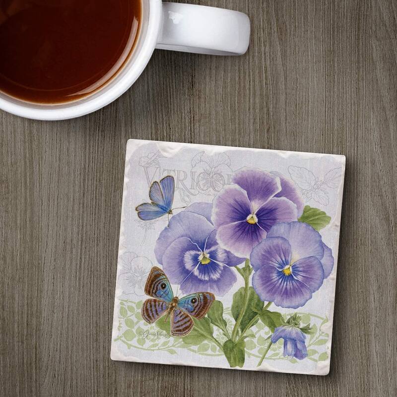 Absorbent Stone Beverage Coasters - Set of 4 - Purple Pansies - Multi-148