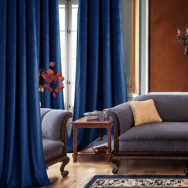 Rideaux Luxueux Velours Bleu Occultants Avec Tulle, Pour Fenêtre Française