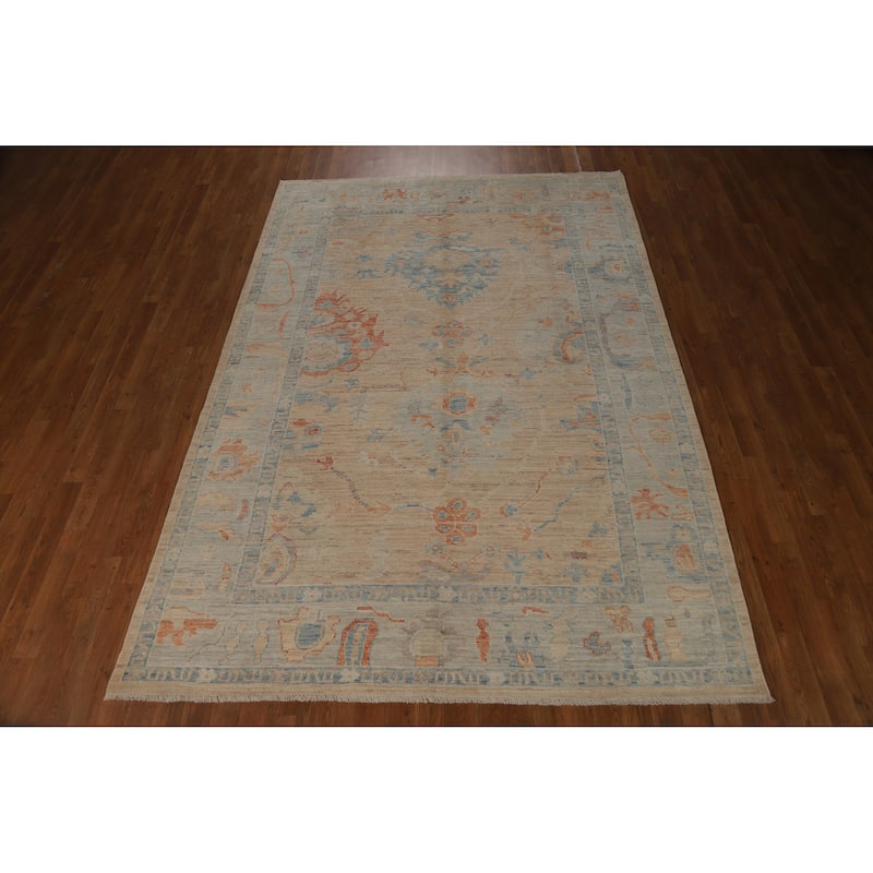 Vegetable Dye Oushak Turkish Area Rug Bedroom Handmade Wool Carpet - 6'3" x 9'0"