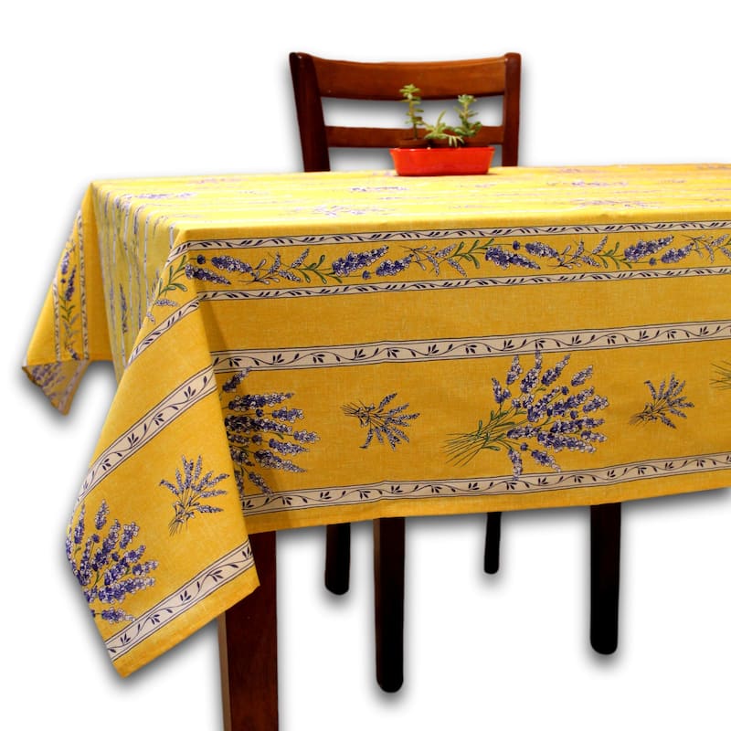 Wipeable Spill Resistant Provencal Cotton Cannes Collection Tablecloth - 60 x 78 in - Yellow Lavender Stripes