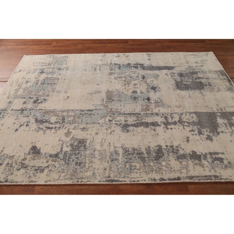 Contemporary Abstract Oriental Area Rug Handmade Beige Wool Carpet - 5'4"x 7'5"