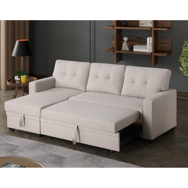 Pull-out Upholstered Sectional Sofa with Storage Chaise & Removable Cushions