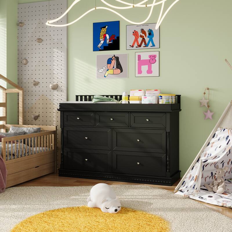 Chest Nursery Dresser Changing Table Top – 7-Drawer Baby Storage Organizer for Diapers and Clothes