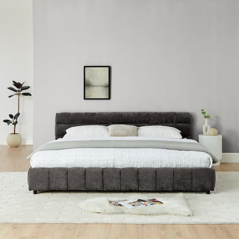 Block Thick Chenille Low Profile Platform Bed Fabric Upholstered Bedframe with Headboard Solid Wood Frame - Optional Storage Bed