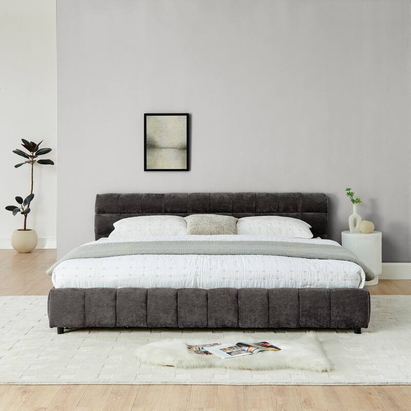 King Size Upholstered Bed, comfortable upholstered bed frame, Chenille fabric, with headboard and solid bed frame