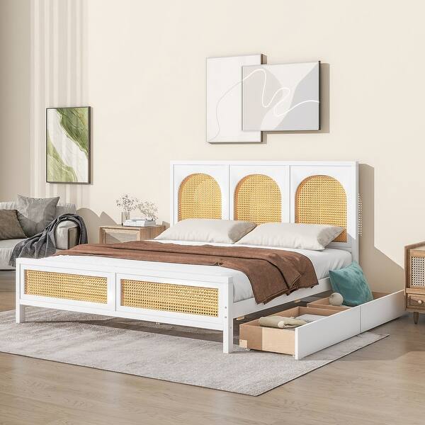 slide 2 of 21, Queen Size Wood Storage Platform Bed with 2 Drawers, Rattan Headboard and Footboard White