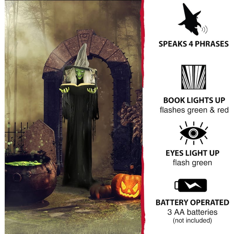 Haunted Hill Farm Life-Size Poseable Witch with Spell Book, Lights and Sound, Indoor/Covered Outdoor Halloween Decoration