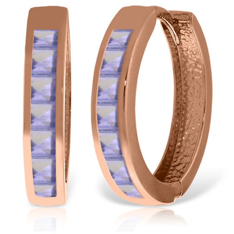 14K Solid Gold Hoop Huggie Gemstone Earrings w/ Natural Tanzanites - Rose