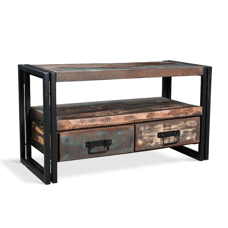 Handmade Old Reclaimed Wood TV Cabinet with Double Drawers (India) - 41" x 15.75" x 23.5"
