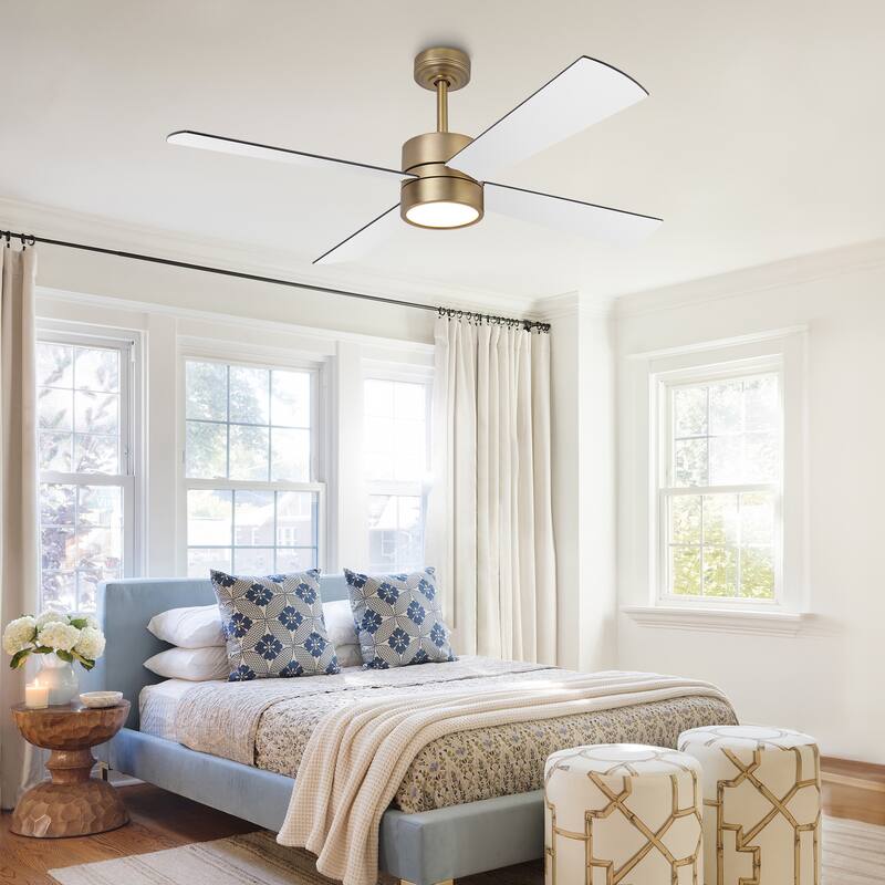 52 in. Natural Brass Plywood Indoor Downrod Mount Ceiling Fan with Integrated LED and Remote Control