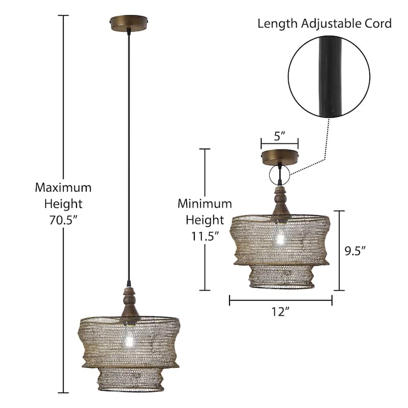 Cierra River of Goods Bronze Metal and Wood 12-Inch Pendant Light with Adjustable Hanging Cord - 12" x 12" x 11.5/70.5"