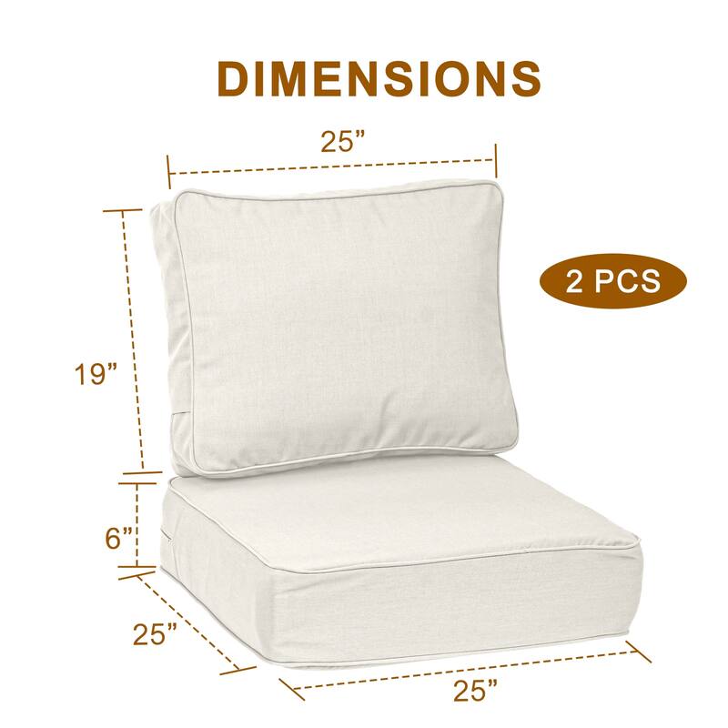 Aoodor 25x25x6 Inch Outdoor Patio Chair Cushions Set, Weather-Resistant Sunbrella Fabric Outdoor Cushion, Set of 2 - 25"x25"
