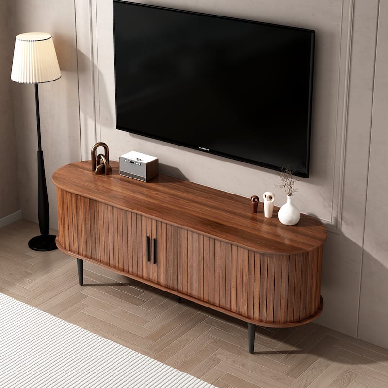 Modern TV Stand with Sliding Door, Wood Media Console Table with Fluted Design, Entertainment Center with Storage Cabinet