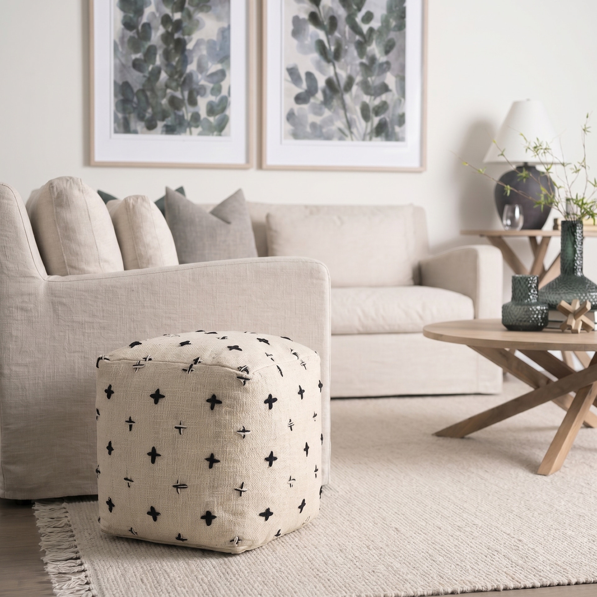 Mercana Saanvi Wool w/ Cream and Black Stitched Cross Patterned Pouf