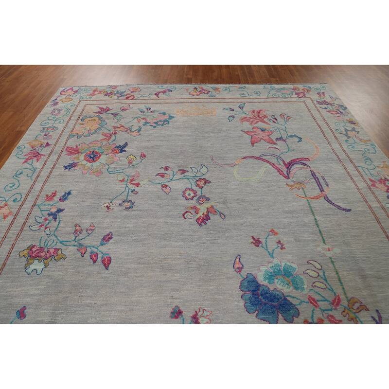 Hand Knotted Oriental 100% Wool Carpet Traditional Floral Greys & Charcoal Art Deco Area Rug - 11' 6'' X 9' 0''